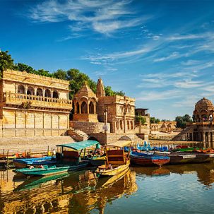 Indian landmark Gadi Sagar - artificial lake. Jaisalmer, Rajasthan, India